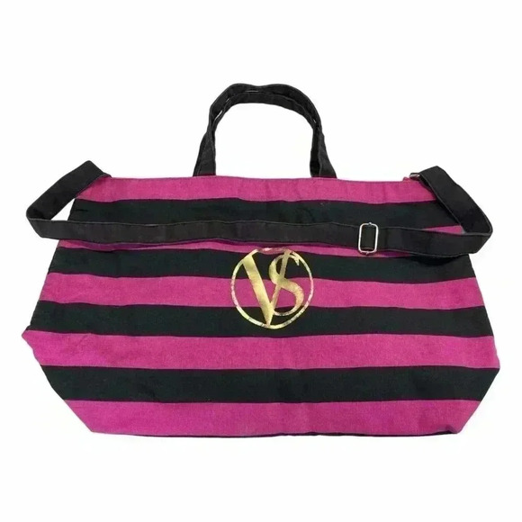 Victoria's Secret Logo Duffel Weekender Tote Bag Beach Travel Stripe Black Pink - Picture 4 of 8